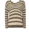 Stylish pullover in fine, cotton and nylon blend - Elegant buttermilk and taupe colorway - Lightweight knit ideal for layering - Chic, on-trend horizontal stripe motif - Slim, straight silhouette - Flattering V-neck at front and beck - Contrast rib trim at hem - Casually cool, great for everyday - Pair with sandals and 7/8 trousers, skinny denim or a pencil skirt