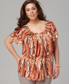 Be a fashionable standout with Style&co.'s short sleeve plus size top, accented by a vibrant print and pleated neckline-- it's an Everyday Value! Be a fashionable standout with Style&co.'s short sleeve plus size top, accented by a vibrant print and pleated neckline-- it's an Everyday Value!