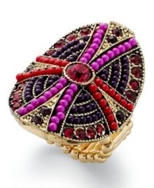 Shield yourself with this stretch ring from Style&Co. It's crafted from gold tone mixed metal and features glass and resin stones in black and shades of red. Approximate length: 1-1/2 inches. Ring stretches to fit finger.