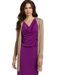 THE LOOKAllover knit constructionOpen frontTie waistTHE FITAbout 34 from shoulder to hemTHE MATERIAL56% rayon/44% cottonCARE & ORIGINDry cleanImportedModel shown is 5'11 (180cm) wearing US size Small. THE LOOKAllover knit constructionOpen frontTie waistTHE FITAbout 34 from shoulder to hemTHE MATERIAL56% rayon/44% cottonCARE & ORIGINDry cleanImportedModel shown is 5'11 (180cm) wearing US size Small.