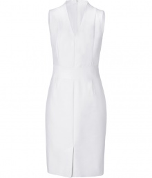 Luxurious, sleeveless dress in fine white cotton-silk blend - Elegant and sophisticated with a feminine case cut, V-neckline - Decorative waist darts flatter the figure - Pencil skirt length with front slit - A modern choice for the office or an event when combined with peep toes or pumps, or for a garden party with trendy sandals with wedge heels