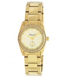 Not for those that shy from the spotlight, this bold watch from Kenneth Cole New York grabs attention with golden shine and crystal shimmer.