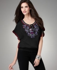 Go boho in this charming top from Style&co. Dainty embroidery at the chest and sleeves lend a handmade look and make it a match with black pants, too! (Clearance)