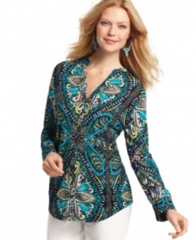 A bold print enhances this essential shirt from Style&co. Perfect for pairing with white shorts and capris!