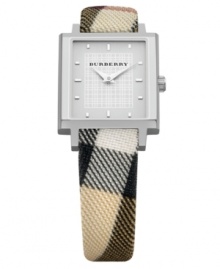 Burberry watch features a check fabric strap and square stainless steel case. Silvertone etched dial with logo and indices. Two hands. Swiss movement. Water resistant to 30 meters. Two-year limited warranty.
