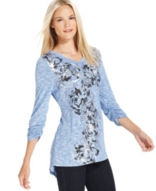 A sketched floral print with metallic details and rhinestone studding dresses up this pretty top from Style&co.