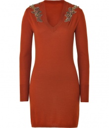 Maximize your office-to-evening look in this wool-and-cashmere-blend embellished knit dress from Matthew Williamson - V-neck, long sleeves, bead-embellished shoulders, fitted silhouette mini-length - Style with high heel booties and a statement satchel