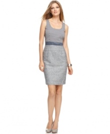 A contrasting polka dot print & tweed fabric adds on-trend texture to this Calvin Klein dress for a versatile look -- wear it to work, weddings & beyond!