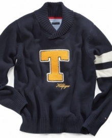 A cozy knitted creation. Tommy Hilfiger's varsity-inspired sweater will add major points to your little guy's style game. A cozy knitted creation. Tommy Hilfiger's varsity-inspired sweater will add major points to your little guy's style game.