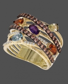 Get wrapped up in a rainbow's spectrum of precious stones. This 14k gold Le Vian ring features bands of round-cut chocolate diamonds (5/8 ct. t.w.) and round-cut white diamonds (1/10 ct. t.w.) accented by a round-cut amethyst (1/4 ct. t.w.), oval-cut rhodolite (1/4 ct. t.w.) pear-cut citrine (1/4 ct. t.w.), oval-cut peridot (1/4 ct. t.w.) and pear-cut blue topaz (1/4 ct. t.w.). Size 7. Get wrapped up in a rainbow's spectrum of precious stones. This 14k gold Le Vian ring features bands of round-cut chocolate diamonds (5/8 ct. t.w.) and round-cut white diamonds (1/10 ct. t.w.) accented by a round-cut amethyst (1/4 ct. t.w.), oval-cut rhodolite (1/4 ct. t.w.) pear-cut citrine (1/4 ct. t.w.), oval-cut peridot (1/4 ct. t.w.) and pear-cut blue topaz (1/4 ct. t.w.). Size 7.