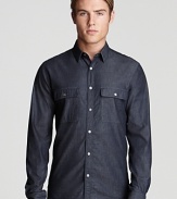 A sophisticated shirt to match your taste for modern simplicity, rendered in crisp cotton with a bit of stretch for a slim, truer fit. From Theory.
