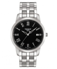 A stalwart every day watch with timeless style by Tissot. Stainless steel bracelet and round case. Black dial with silvertone Roman numerals, logo and date window. Quartz movement. Water resistant to 30 meters. Two-year limited warranty.