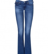 Stylish, straight-leg jeans in fine, medium-blue wash cotton - Features True Religion signature stitching on two back flap pockets, subtle fading, creases at knee, and zipper and single-button closure - Favorite jeans for a girls night out with a sexy tank and heels
