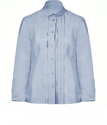 Dashing and demure, this pleat-front silk blouse from Jil Sander Navy injects old-fashioned elegance into your workweek style - Small Peter Pan collar, bracelet-length sleeves, front button placket with pleated pintucks - Tailored silhouette - Pair with cropped trousers or a figure-hugging pencil skirt