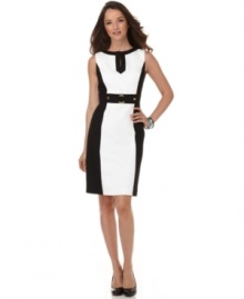 Look sharp in Tahari by ASL's textured, colorblocked sheath, complete with goldtone hardware detail at the waist for polished style. Look sharp in Tahari by ASL's textured, colorblocked sheath, complete with goldtone hardware detail at the waist for polished style.