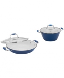 The dream duo for cooking up mouthwatering meals, like hearty soup and savory sauteed veggies. Weighing half as much as traditional cast iron, the durable soup pot and chef's pan handle like pros & act like ones, too, with multi-coated enameled finishes that masterfully endure the wear and tear of a busy kitchen and heat up fast and evenly. 1-year warranty. The dream duo for cooking up mouthwatering meals, like hearty soup and savory sauteed veggies. Weighing half as much as traditional cast iron, the durable soup pot and chef's pan handle like pros & act like ones, too, with multi-coated enameled finishes that masterfully endure the wear and tear of a busy kitchen and heat up fast and evenly. 1-year warranty.