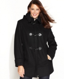 Toggle closures bring charm to this plus size wool-blend coat! Calvin Klein updates the classic duffle coat with faux-leather accents and a removable hood. Toggle closures bring charm to this plus size wool-blend coat! Calvin Klein updates the classic duffle coat with faux-leather accents and a removable hood.
