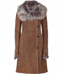 Combat the cold in this ultra-luxe neutral-hued shearling jacket from Ventcouvert - Large fur-lined collar, asymmetrical button closure, long sleeves with fur-lined cuffs, slit pockets, slim fit - Style with a figure-hugging sheath or skinny jeans and a pullover Combat the cold in this ultra-luxe neutral-hued shearling jacket from Ventcouvert - Large fur-lined collar, asymmetrical button closure, long sleeves with fur-lined cuffs, slit pockets, slim fit - Style with a figure-hugging sheath or skinny jeans and a pullover