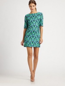 Vivid chevron pattern and a short silhouette add iconic glamour to this cotton-rich sheath dress. BoatneckElbow-length sleevesBack zipperAbout 18 from natural waistCotton/elastaneDry cleanMade in USA of Italian fabricModel shown is 5'10 (177cm) wearing US size 4. 