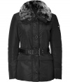 Your cold weather look just got more stylish with this luxe fitted down jacket from Peuterey - Large rabbit fur collar, concealed zipper closure, long sleeves with logo detail, belted waist, slim fit, water repellent - Wear with an elevated jeans-and-tee ensemble or a workweek-chic look