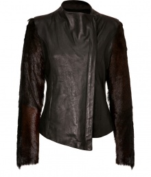 With its cool mix of lambskin and sleek fur sleeves, Helmut Langs deep carmine-tinted jacket radiates the brands modern-minimalist aesthetic with an ultra luxe edge - Short stand-up collar, long sleeves, off-center front zip, asymmetrical front hemline, fitted - Pair with leather leggings and studded ankle boots for a rocker-chic finish, or amp up tailored business looks with a pencil skirt and platform pumps With its cool mix of lambskin and sleek fur sleeves, Helmut Langs deep carmine-tinted jacket radiates the brands modern-minimalist aesthetic with an ultra luxe edge - Short stand-up collar, long sleeves, off-center front zip, asymmetrical front hemline, fitted - Pair with leather leggings and studded ankle boots for a rocker-chic finish, or amp up tailored business looks with a pencil skirt and platform pumps