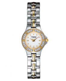 Dress to impress: this pretty watch from Caravelle by Bulova features a silvertone mixed metal bracelet and round case with goldtone accents. Sparkling crystal and goldtone bezel. White dial with logo and goldtone circle markers. Quartz movement. Water resistant to 30 meters. Three-year limited warranty. Dress to impress: this pretty watch from Caravelle by Bulova features a silvertone mixed metal bracelet and round case with goldtone accents. Sparkling crystal and goldtone bezel. White dial with logo and goldtone circle markers. Quartz movement. Water resistant to 30 meters. Three-year limited warranty.