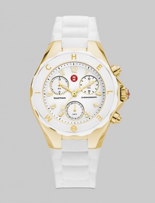 A sporty chronograph timepiece with goldplated stainless steel accents and silicone strap.Swiss quartz movement Water resistant to 5 ATM Logo bezel Round, goldplated stainless steel case, 40mm, (1.49) K-1 mineral crystal White chronograph dial Numeral hour markers Second hand Silicone strap Imported 