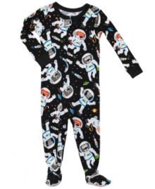 His dreams will be out-of-this world when he's napping in this fun footed coverall from Carter's. His dreams will be out-of-this world when he's napping in this fun footed coverall from Carter's.