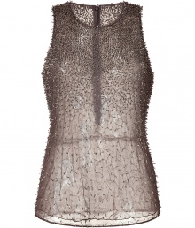 Take the texture trend to your cocktail-ready look with Theyskens Theorys ultra cool textural beaded top, detailed in muted dark gold hues for that sophisticated luxe look - Round neckline, sleeveless, hidden back zip, seamed back waist, sheer - Fitted - Team with blazers, slim-fit separates and pumps for cocktails