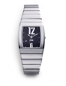 THE LOOKRectangular tungsten case, 50mm (2) X 25mm (1)Smooth bezelBlack dialLarge numeric and dot hour markersSecond handDate-function at 8 o'clockTungsten link braceletWater resistant to 5 ATMTHE MATERIALTungstenORIGINImported