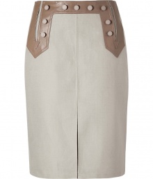 Ultra stylish Taupe A-line skirt from Raoul - Leather button-front and tie-back details add instant chic to this A-line skirt - Classic A-line silhouette, front kick pleat, hidden side zipper - Wear with a tie-neck blouse, patterned nude tights, and platforms Ultra stylish Taupe A-line skirt from Raoul - Leather button-front and tie-back details add instant chic to this A-line skirt - Classic A-line silhouette, front kick pleat, hidden side zipper - Wear with a tie-neck blouse, patterned nude tights, and platforms