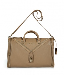 Elegant handbag in fine, supple taupe leather - Modified tote style with two short handles and adjustable slim shoulder strap - Gold zipper embellishment and small, decorative lock - Zips at top - Interior zip pocket - Polished and classically chic, perfect for both work and leisure - Pair with everything from business suits to cocktail dresses to jeans and t-shirts Elegant handbag in fine, supple taupe leather - Modified tote style with two short handles and adjustable slim shoulder strap - Gold zipper embellishment and small, decorative lock - Zips at top - Interior zip pocket - Polished and classically chic, perfect for both work and leisure - Pair with everything from business suits to cocktail dresses to jeans and t-shirts