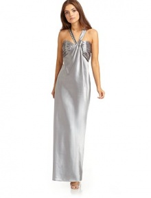 THE LOOKHalter necklineSide zip closurePleated and ruched bustRhinestone and chain details on bodice and halter strapTHE FITAbout 62 from shoulder to hemTHE MATERIAL97% polyester/3% spandexCARE & ORIGINDry cleanImported THE LOOKHalter necklineSide zip closurePleated and ruched bustRhinestone and chain details on bodice and halter strapTHE FITAbout 62 from shoulder to hemTHE MATERIAL97% polyester/3% spandexCARE & ORIGINDry cleanImported