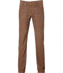 Stylish pant in fine wale tobacco corduroy - Modern slim cut - Light whisker detail - Traditional five pocket style with button closure and belt loops - Pair with t-shirts or denim button downs and trainers - Inseam: 34.3 Front rise: 10.6 - Back rise: 14.2 - Width of legs: 7.9 - Measured in size 32 Material: 100%Cotton