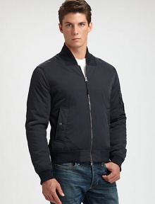 This lightweight bomber makes a smooth transition into those cool, autumn nights to come, effortlessly shaped in a rich cotton blend.Two-way zip frontStand collarSlash waist pocketsZippered pocket at sleeveRibbed knit collar, cuffs and hemAbout 24 from shoulder to hem98% cotton/2% elastaneMachine washMade in USA This lightweight bomber makes a smooth transition into those cool, autumn nights to come, effortlessly shaped in a rich cotton blend.Two-way zip frontStand collarSlash waist pocketsZippered pocket at sleeveRibbed knit collar, cuffs and hemAbout 24 from shoulder to hem98% cotton/2% elastaneMachine washMade in USA