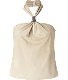 Channel the sophisticated side of the 1970s in this luxe suede halter top from Ralph Lauren - Halter neckline with silver-tone front detail, draped bust with keyhole cut out, concealed side zip closure, open back - Style with high-waisted skinnies, an oversized cashmere cardigan, and platform sandals