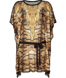 Ultra-luxe caftan in fine, pure printed viscose - Incredibly soft, lighter weight material drapes beautifully - Rich, gold- and brown-tone tiger print positively pops - Round neck and wide, dolman sleeves - Waist-cinching tie belt and decorative black trim - Open sides - Sexy and eye-catching, perfect for the beach, parties or your next island getaway - Pair with skinny denim or a bikini and open-toe sandals or wedges