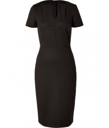 Elevate your office-to-evening look with this figure-enhancing pinstripe sheath from Piazza Sempione - V-neck, short sleeves, seaming at bodice, back slit, exposed back zip closure - Fitted silhouette - Wear with a slim trench, platform pumps, and a statement satchel Elevate your office-to-evening look with this figure-enhancing pinstripe sheath from Piazza Sempione - V-neck, short sleeves, seaming at bodice, back slit, exposed back zip closure - Fitted silhouette - Wear with a slim trench, platform pumps, and a statement satchel