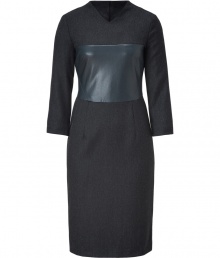 This elegant dress plays with texture - Designed in fine dark-grey herringbone-style wool blend, and a special touch of dark green synthetic material at mid-section - Features a small v-neck, long sleeves and pencil skirt style cut - Decorative buttons at back - Flattering, professional choice for the office with understand heels and a leather bag