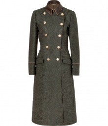 Finish your look on an elegant note with Salvatore Ferragamos exquisite wool loden coat, tailored to perfection and styled with soft lambskin trim for an immaculate finish guaranteed to elevate your outfit - Spread chocolate leather collar, long sleeves, camel piped cuffs, double-breasted button-down front, flap pockets, gold-toned logo buttons, back sash, back pleat - Sharply tailored fit - Team with flawless brown boots and a ladylike handbag