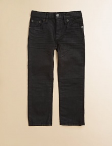 Perfect for back-to-school cool, these jeans feature a skinny silhouette and a slightly waxed finish.Front button closureWaistband with belt loops and adjustable button tabsZip flyFive-pocket style99% cotton/1% spandexMachine washImported Perfect for back-to-school cool, these jeans feature a skinny silhouette and a slightly waxed finish.Front button closureWaistband with belt loops and adjustable button tabsZip flyFive-pocket style99% cotton/1% spandexMachine washImported