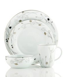 Wildflowers take off on glazed white porcelain, sparkling as they tumble aimlessly around the Platinum Silhouette place settings from Charter Club dinnerware. The dishes have banded edges that add a classic touch to a pattern with modern spirit. Wildflowers take off on glazed white porcelain, sparkling as they tumble aimlessly around the Platinum Silhouette place settings from Charter Club dinnerware. The dishes have banded edges that add a classic touch to a pattern with modern spirit.