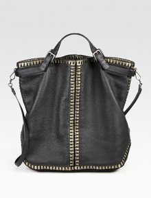 This supple, pebbled leather style blends functionality with chic style with whip-stitched accents over contrast metallic leather.Double adjustable top handles, 3-5 dropDetachable shoulder strap, 21½ dropSnap top closureOne inside zip pocketOne inside open pocketSuede lining16½W X 14H X 8½DMade in Italy This supple, pebbled leather style blends functionality with chic style with whip-stitched accents over contrast metallic leather.Double adjustable top handles, 3-5 dropDetachable shoulder strap, 21½ dropSnap top closureOne inside zip pocketOne inside open pocketSuede lining16½W X 14H X 8½DMade in Italy