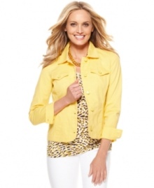 Charter Club redoes the classic denim jacket in a saturated, on-trend wash. Try it with blue or white jeans for a fresh take on casual days. Charter Club redoes the classic denim jacket in a saturated, on-trend wash. Try it with blue or white jeans for a fresh take on casual days.