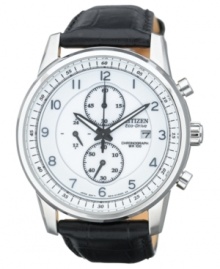 A classically designed chronograph watch with modern appeal, by Citizen. Powered by Eco-Drive, harnessing natural and artificial light, never needing a battery.