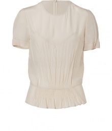 Elegant top in pure, ecru silk - Short, cuffed sleeves, round neck and back zip - Slim cut, billows slightly above hips before tapering - Gently pleated at chest and shoulders - Feminine and romantic, perfect for day or evening - Pair with a skinny jean or leather pencil skirt and platform pumps or ankle booties Elegant top in pure, ecru silk - Short, cuffed sleeves, round neck and back zip - Slim cut, billows slightly above hips before tapering - Gently pleated at chest and shoulders - Feminine and romantic, perfect for day or evening - Pair with a skinny jean or leather pencil skirt and platform pumps or ankle booties