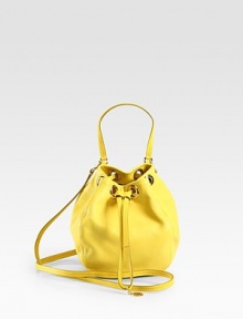 A slouchy, compact shape in luxurious ultra-soft leather, topped off with a drawstring closure and single top handle. Top handle, 4¾ dropRemovable shoulder strap, 24¼ dropDrawstring closureOne inside Open pocketLogo-printed lining6¼W X 9H X 2¼DImported