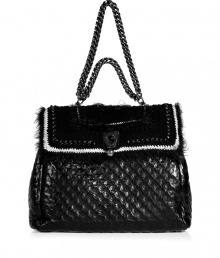 Ladylike with a decidedly downtown edge, this supple leather and crochet combo bag suits both day and night - Crochet-detailed front flap with contrasting trim and chain detail, quilted leather, large carryall style, chain-detailed handle, inside pockets for valuables - Pair with an elevated jeans-and-tee ensemble or a flirty cocktail frock Ladylike with a decidedly downtown edge, this supple leather and crochet combo bag suits both day and night - Crochet-detailed front flap with contrasting trim and chain detail, quilted leather, large carryall style, chain-detailed handle, inside pockets for valuables - Pair with an elevated jeans-and-tee ensemble or a flirty cocktail frock