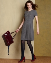 Get a cozy textural look with Tommy Hilfiger's A-line sweater dress, featuring luxe cable and ribbed knit. Get a cozy textural look with Tommy Hilfiger's A-line sweater dress, featuring luxe cable and ribbed knit.