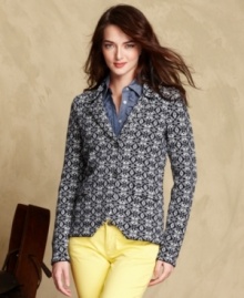 Tommy Hilfiger's snowflake-knit blazer adds a wintry touch to any ensemble. Mix it with bright pants for an of-the-moment look!